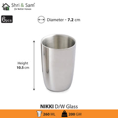 High Grade Stainless Steel Nikki Double Wall Glass Set Of 6 - Silver, 40ml Each | Easy To Clean & Dishwasher Safe