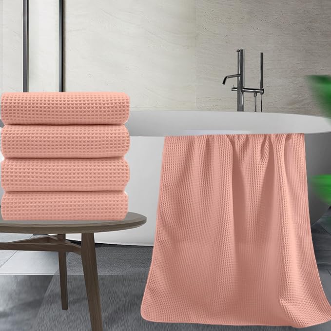 Enchant Home Pure Cotton Waffle Towel 400 Gsm | Lightweight Anti-Microbial & Water Absorbent Soft Touch Quick Drying Bath Towel | Peach