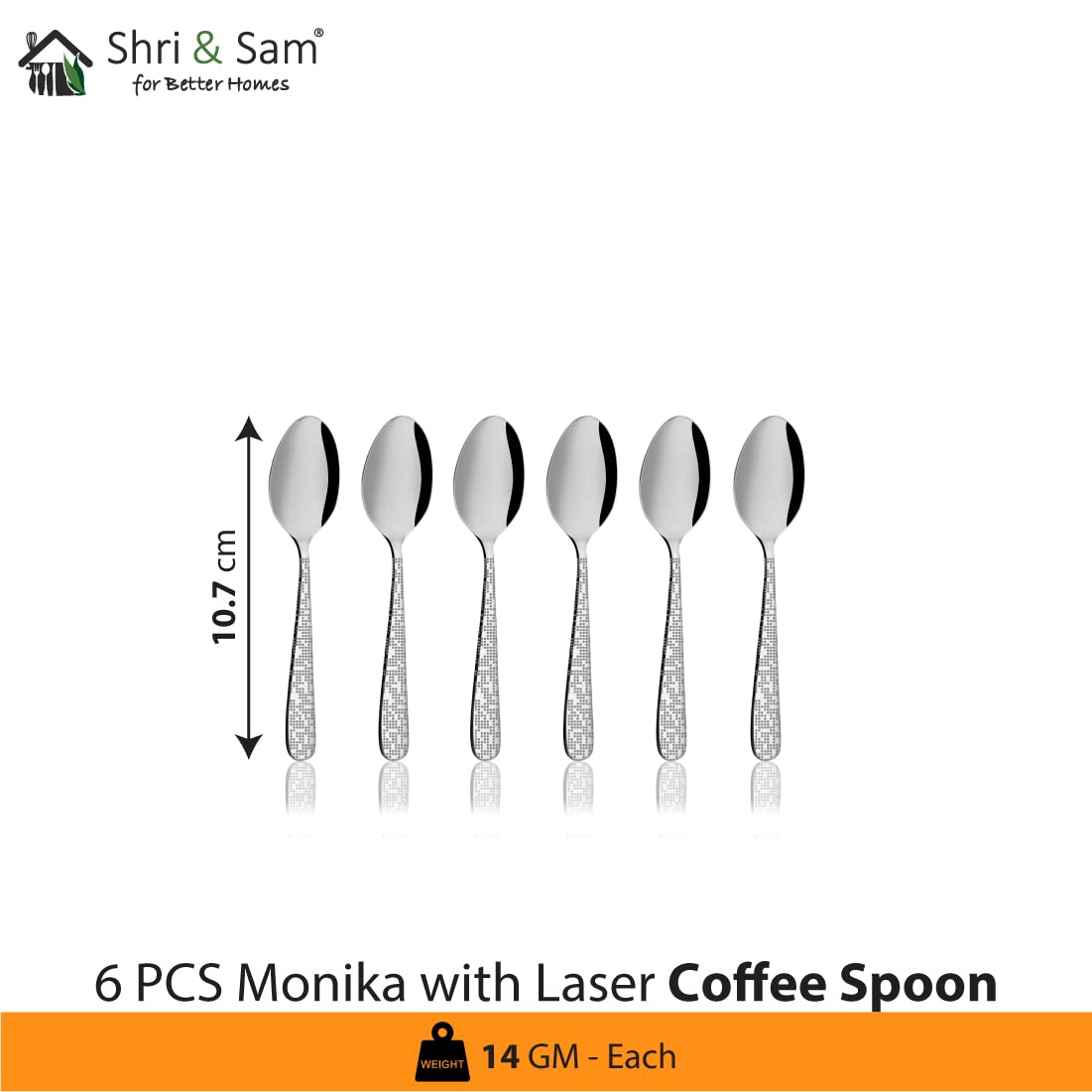 Stainless Steel Monika With Laser Coffee Spoon Set Of 6 Pieces, Silver | Easy To Clean & Dishwasher Safe