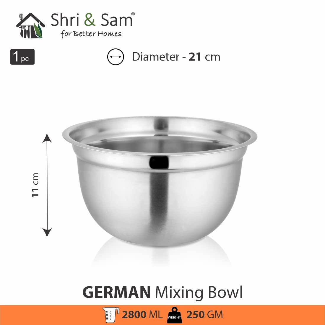 Silver Stainless Steel German Mixing Bowl - 21cm, 2800ml | Dishwasher Safe & Rust Free
