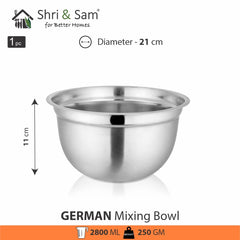 Silver Stainless Steel German Mixing Bowl - 21cm, 2800ml | Dishwasher Safe & Rust Free