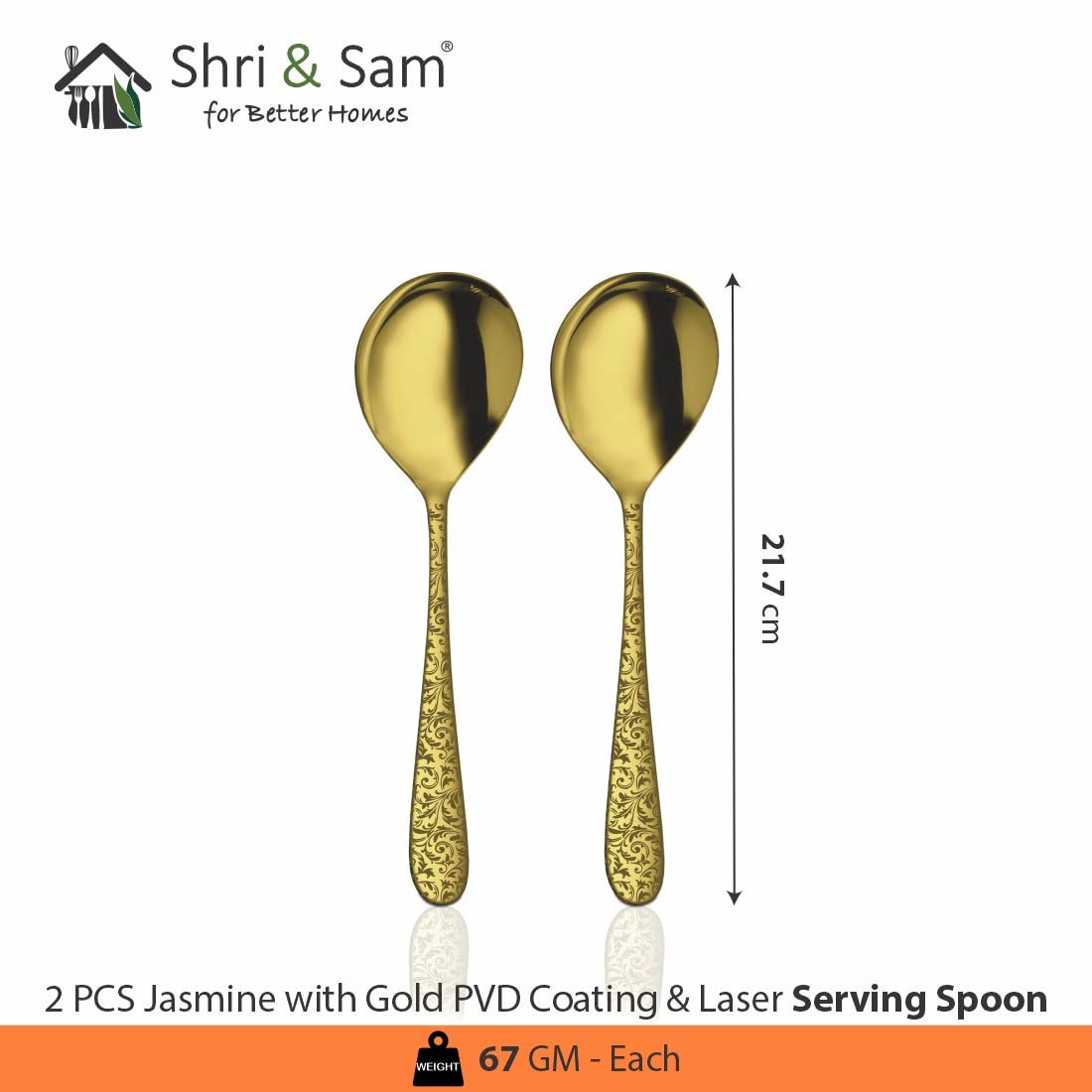 Stainless Steel Jasmine With Gold PVD Coating & Laser Serving Spoon Set Of 2 Pieces | Easy To Clean & Dishwasher Safe