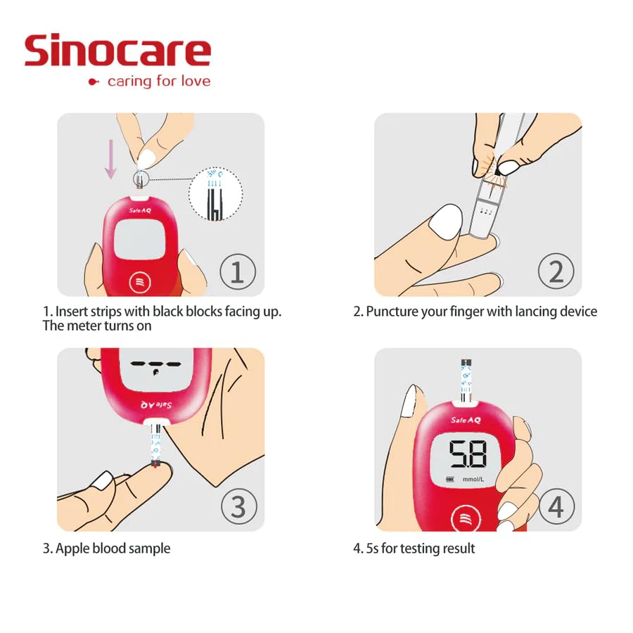 Sinocare Safe AQ Blood Glucose Test Strips, Box Of 100 | Works With Safe AQ Glucometer Only - Lancets Not Included | Blood Glucose Monitor Strips, Pack Of 100