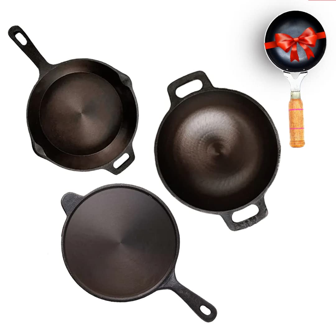 Super Smooth Cast Iron Cookware Set + Free Iron Tadka Pan - Tawa 26.3cm + Kadai 25.4cm, 2 Liters + Fry Pan 25.4cm, 1.7 Liters | Kitchen Cooking Combo Pots & Pans Set Of 4 Pcs - Naturally Nonstick