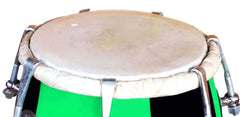 Handmade Mango Wooden 14" Baby Dholak Nut & Bold With Beautiful Check Design - Green & Black Color | Goat Skin On Both Side