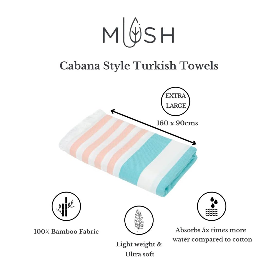 Mush Extra Large Cabana Style 100% Bamboo Bath Towel 250 Gsm, | Ultra Soft, Feather-Light & Quick Dry Travel Towel - Xl Size (Peach & Turquoise)