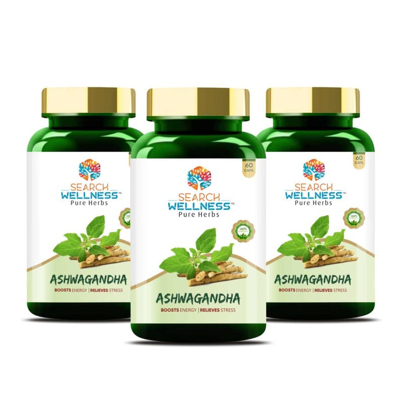 Search Wellness Ashwagandha For Stress Relief Anti - Inflammation Ayurvedic Medicines Enhances Energy Levels, Immunity Booster For Adults | 60 Capsules 100gm 0.2lbs Each Pack Of 3
