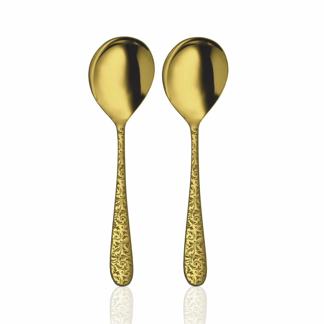 Stainless Steel Jasmine With Gold PVD Coating & Laser Serving Spoon Set Of 2 Pieces | Easy To Clean & Dishwasher Safe