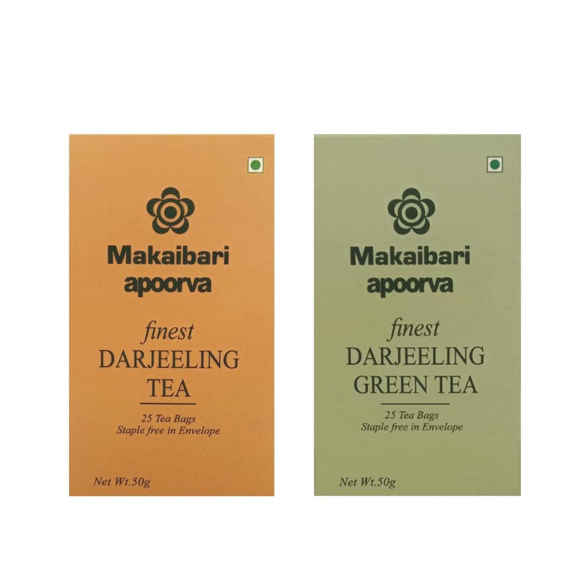 Makaibari Apoorva Finest Darjeeling Tea Bag + Darjeeling Green Tea Bag Pack Of 2 - 50gm, 1.7 Ounce, 25 Tea Bags In Each | Low Caffeine, Non-Toxic