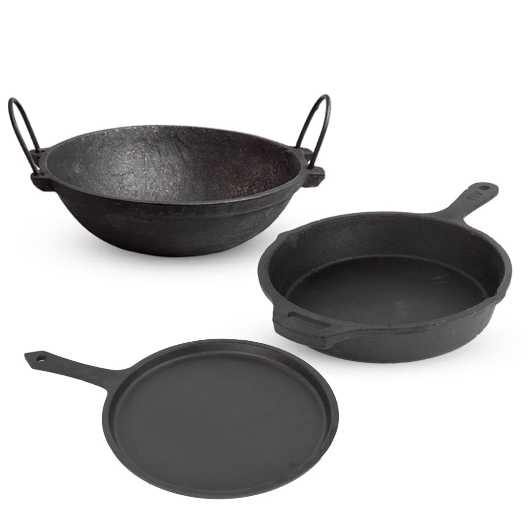 Pre-Seasoned Black Cast Iron Cookware Set - Kadai 24.7 Cm, 2 Liters + Tawa 26 Cm + Fry Pan 25 Cm, 1.6 Liters | Kitchen Cooking Combo Pots & Pans Set Of 3 Pcs - Naturally Nonstick