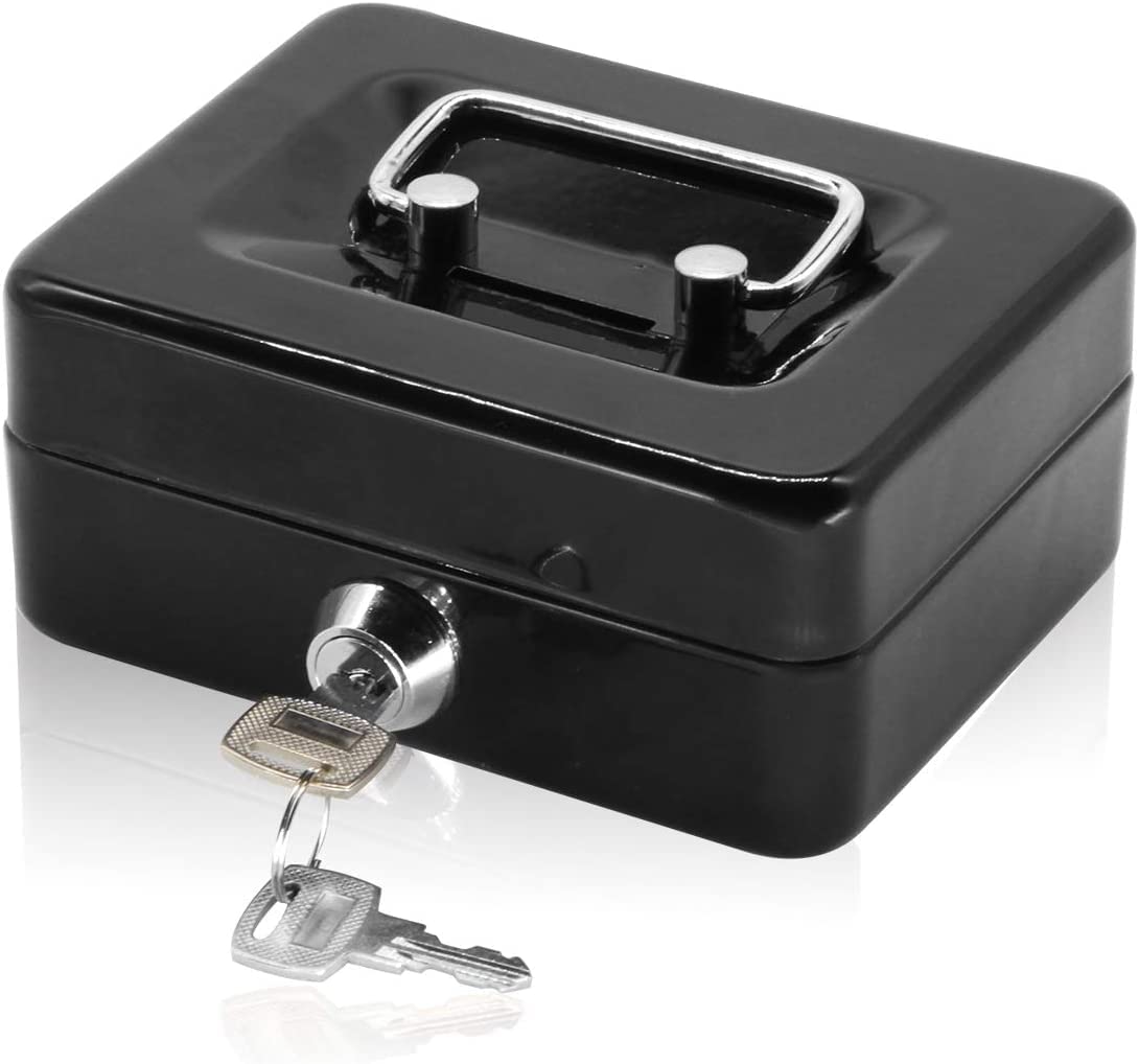 Portable Locking Small Cash Box For Money, Pocket Money Box With Key Lock, Money Slot, Double Layer 2 Keys For Security, Durable Cash Box With Tray, Colour - Black, Material - Alloy Steel
