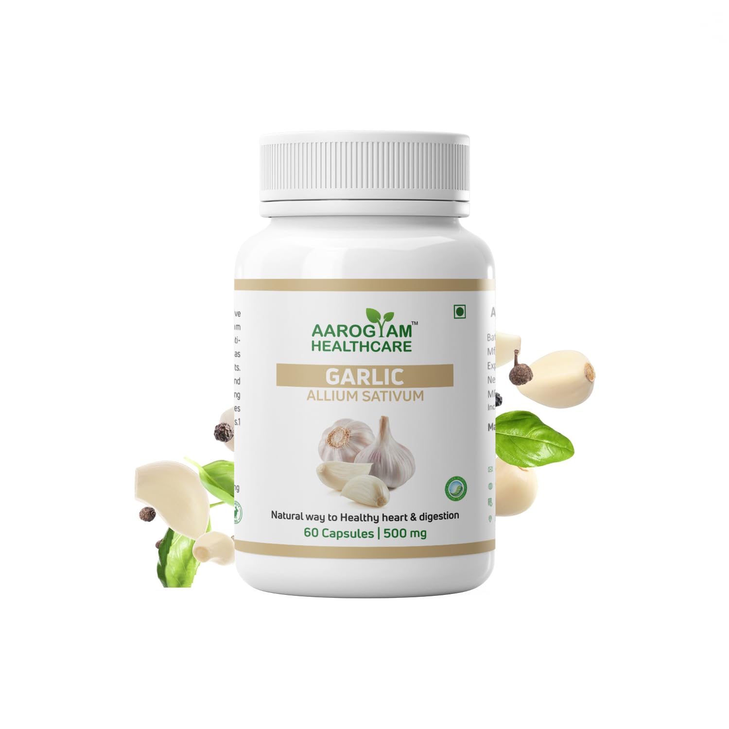 Aarogyam Healthcare Garlic Capsules Natural Dietary Supplement For Immune Support, Cardiovascular Health & Antimicrobial Benefits | 60 Capsules 100gm 0.2lbs