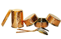 Stainless Steel & Copper Dinner Thali Set - 8 Pieces Golden | 1 Thali+ 3 Bowls+ 1 Pudding Bowl+ 1 Spoon+ 1 Fork Spoon+ 1 Glass