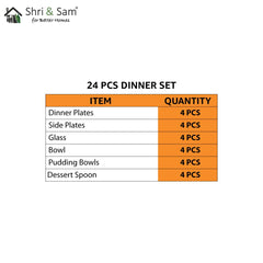 Designer Stainless Steel Delight Laser Bloom Leaf Dinner Set Of 24 Pieces, Silver | 4 Dinner Plates+ 4 Side Plates+ 4 Glasses+ 4 Bowls+ 4 Pudding Bowls+ 4 Dessert Spoons