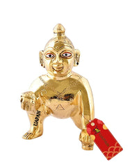 Beautiful Brass Laddu Gopal Ji Idol, Kanha Ji, Bal Krishna Statue, Gold - 14 Cm, Antique Murti, For Pooja Mandir & Worship, All Festivals