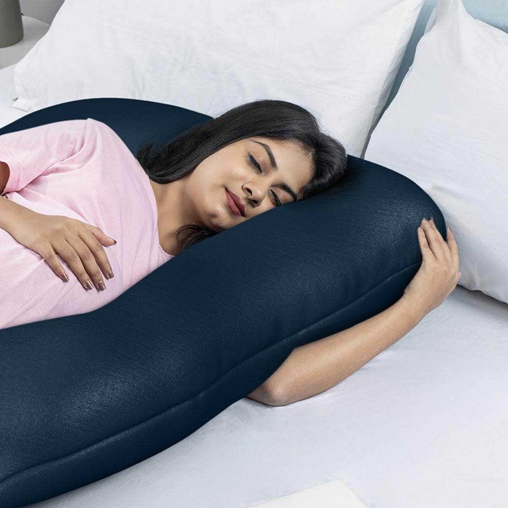 Pregnancy Pillow, U Shaped Pillow, Maternity Pillow For Sleeping - Navy Blue | 100% Cotton Pillow For Pregnant Mothers With Breathable & No Heat Fabric - Full Body Support For Better Sleep