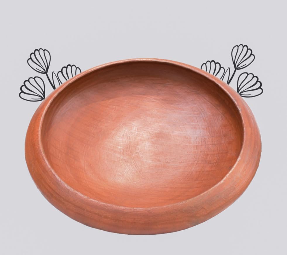 Deep Burned Uncoated Clay Tawa Or Mitti Pan For Cooking & Serving With 2 Wooden Spatulas Complimentary - Red, 10 Inches | Pre-Seasoned Mud Tava - Unglazed, Double Fired, Hand Crafted