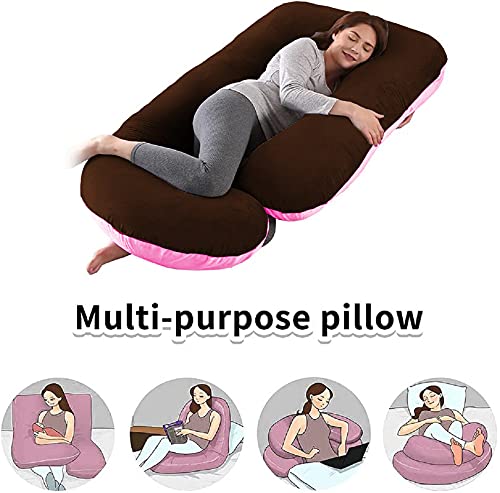J Shaped Pillow, Pregnancy Pillow For Maternity & Baby Nursing - Pink & Brown | Pregnant Women Stomach, Hip, Spine, Neck Support, Velvet Outer Cover With Zip, Adjustable, Multipurpose Pillow