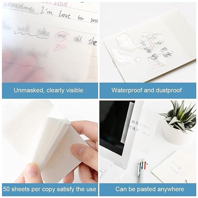 Transparent Self-Sticky Note Pads, Clear Notes, For Studying & Writing, White - 100 Pcs