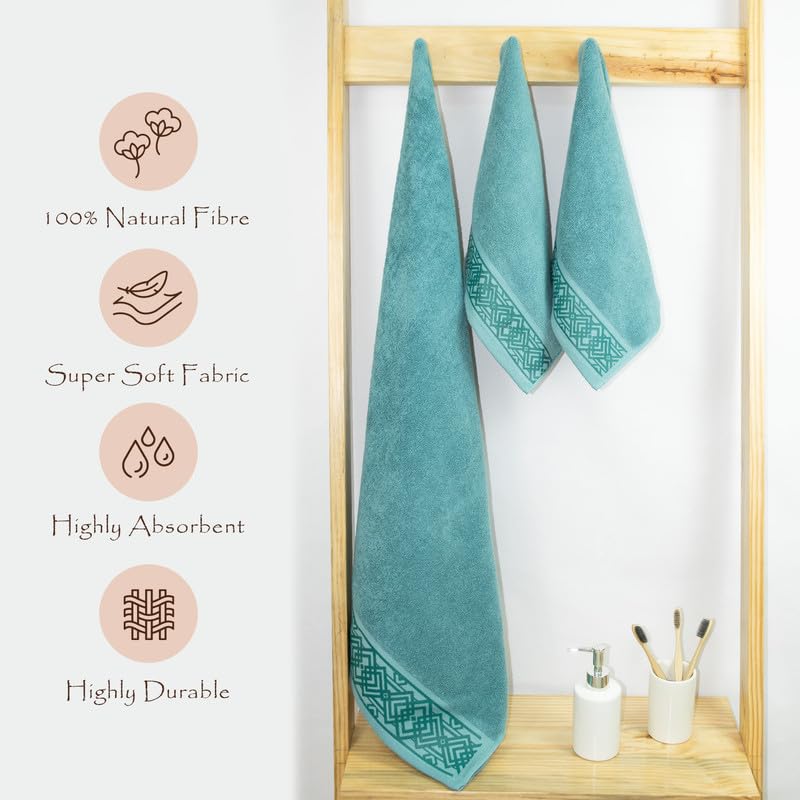 Rangoli 100% Cotton Fibre 2 Hand & 1 Bath Towel 1100 Gsm | Highly Durable & Absorbent Towel | Skin-Friendly & Quick Drying Luxury Towels (Blue) - Pack Of 3