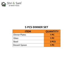 Stainless Steel Delight Solid Dinner Set Of 5 Pieces, Silver | 1 Dinner Plate+ 1 Glass+ 2 Bowls+ 1 Dessert Spoon - Easy To Clean & Dishwasher Safe