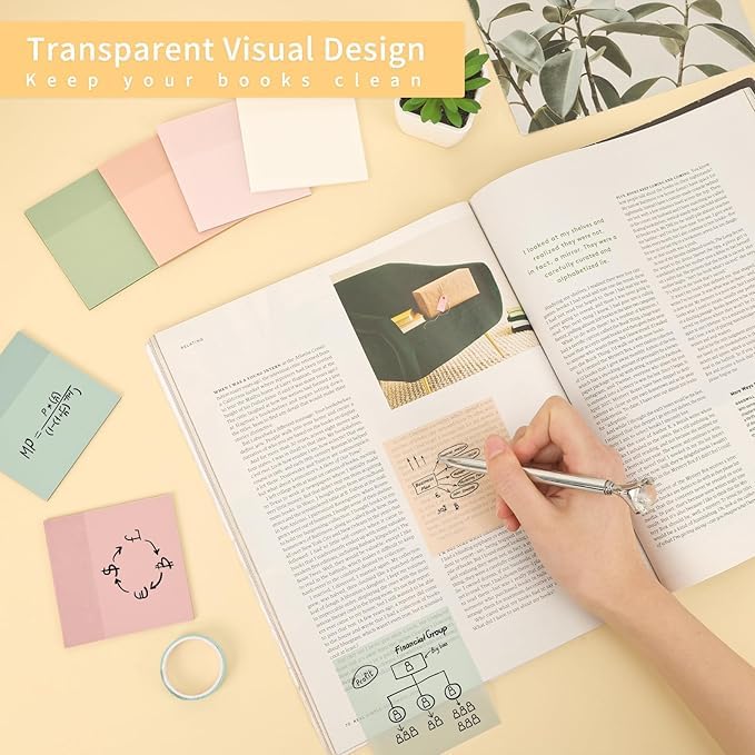 250 Sheets Transparent Sticky Notes – 5 Pads Aesthetic Pastel Color Self-Stick Notes