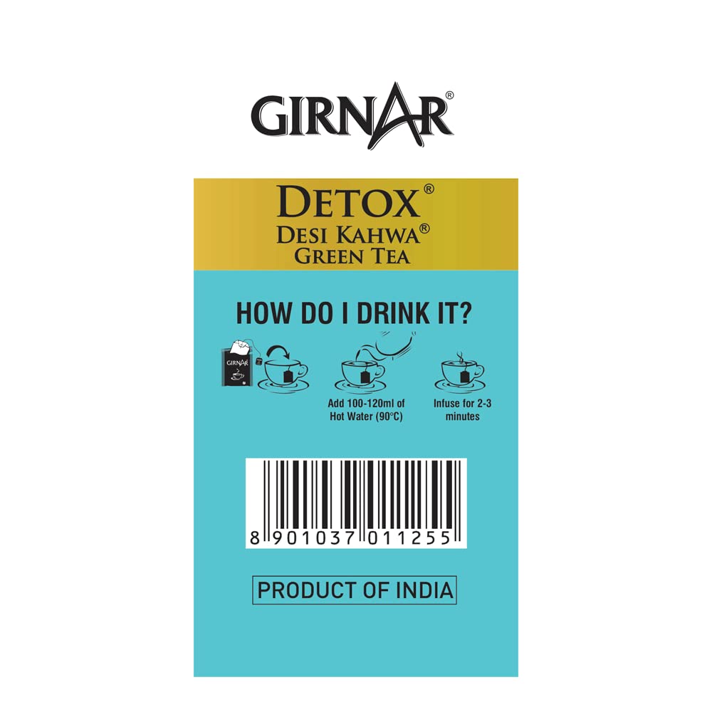 Girnar Detox Desi Kahwa Green Tea - Pack Of 2 X 90gm, 3.17 Ounce Each, 36 Individually Foil Wrapped Tea Bags | ?No Artificial Colors, No Artificial Flavor, No Preservatives - Low Caffeine Green Tea