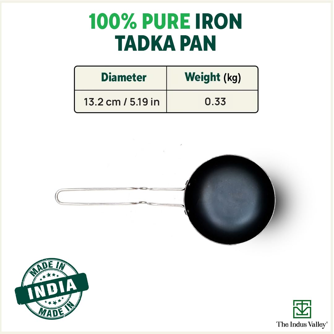 Pre-Seasoned Iron Tadka Pan With Steel Handle - Small 13.2 Cm, 5.2 Inch, 0.3 Kg | Gas Compatible - 100% Pure & Toxin-Free, No Chemical Coating