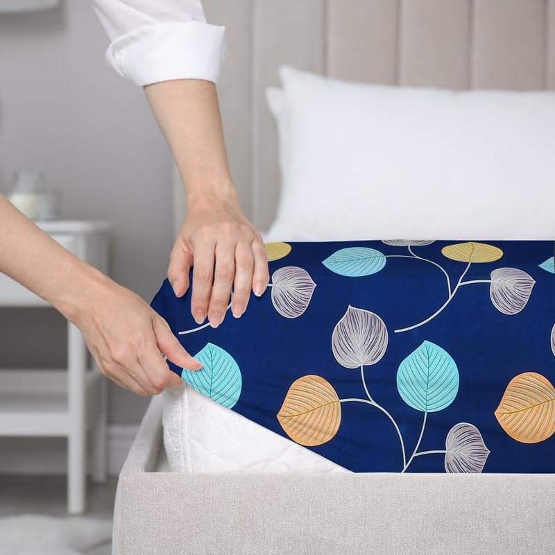Cotton Fitted Bedsheets With 2 Pillow Covers For King Bed | Size 78x72+10 Inches, Dark Blue | All Around Elastic Fitted Bedsheet