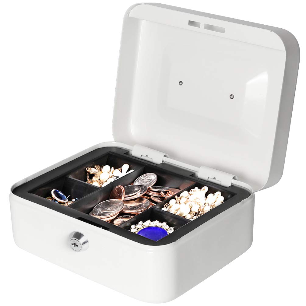 Small Cash Box With Key Lock - Durable Metal Cash Box With Money Tray, Colour - White, Lock Type - Key