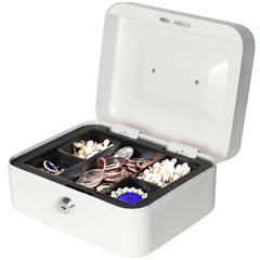 Small Cash Box With Key Lock - Durable Metal Cash Box With Money Tray, Colour - White, Lock Type - Key