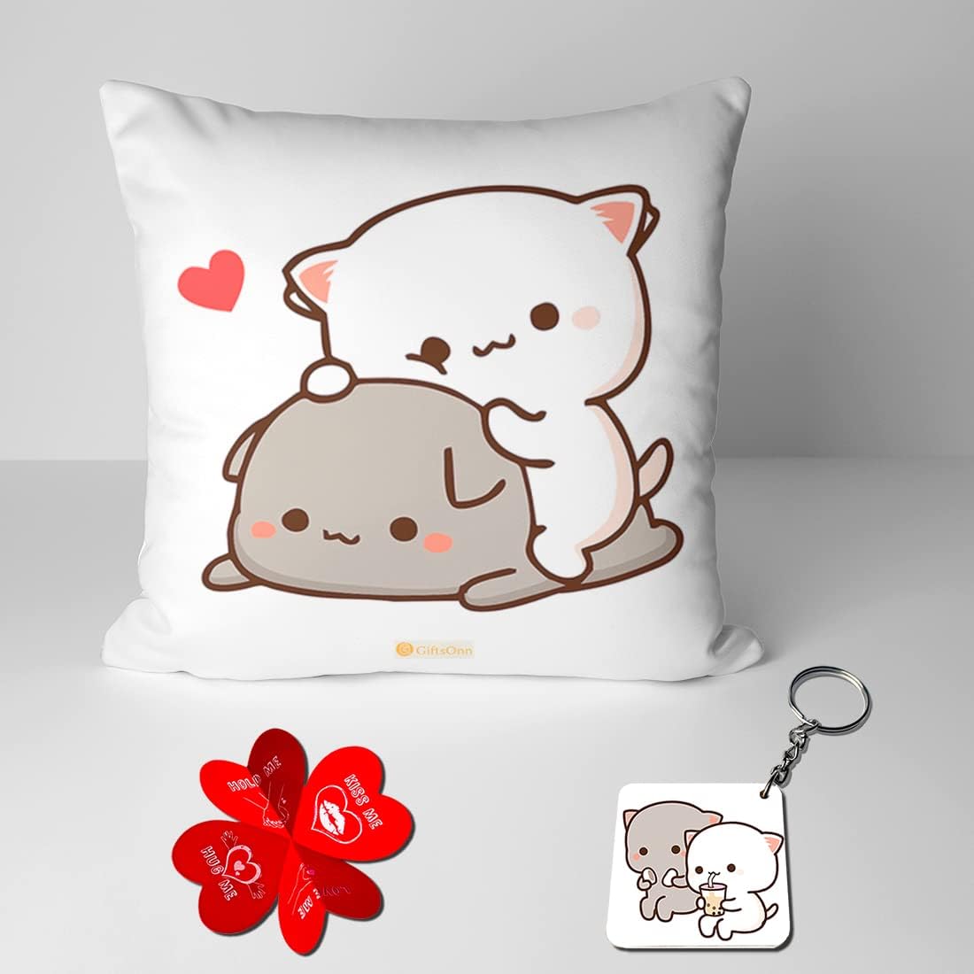Peach & Goma Mochi Cat Pillow Cushion, Keychain With Card, White | Peach Goma Pillow, For Boyfriend, Valentines Gift For Girlfriend, Pillow For Couple, Washable Cover, Model No - 15
