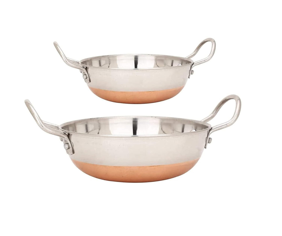 Stainless Steel Copper Bottom Kadhai 3 Liters + 4 Liters - Bottom Pot Pans For Frying - Copper Bottom | Attractive Color & Design