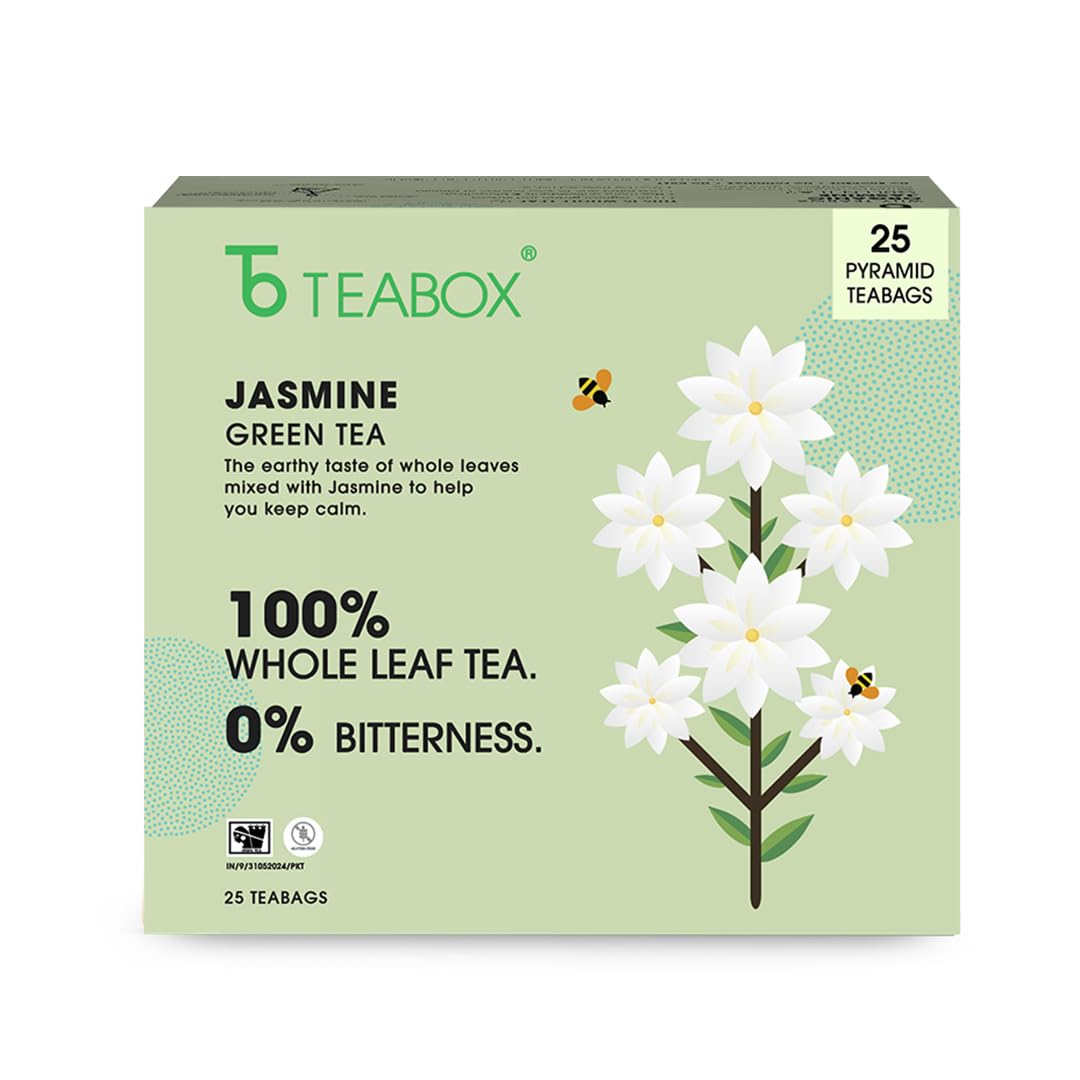 Teabox Jasmine Green Tea - 25 Pyramid Teabags | Made With 100% Whole Leaf - Natural Jasmine Flowers Sourced From Madurai | Low Caffeine, 0% Bitterness