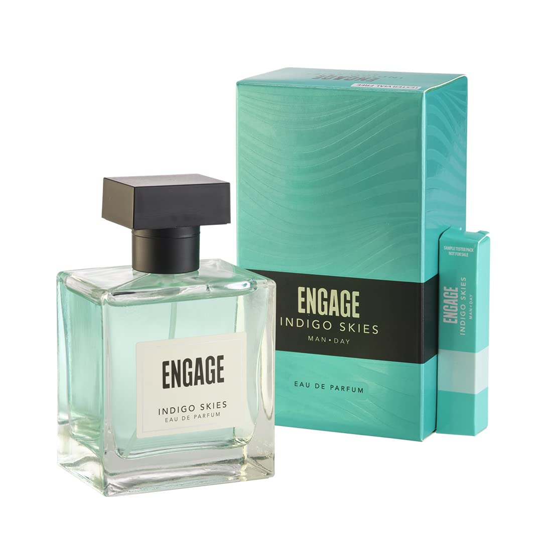 Engage Indigo Skies Eau De Parfum 100ml 3.4 Fl.oz. For Men | Long Lasting , Fresh & Earthy Fragrance , For Everyday Use , Gift For Men , Free Tester With Pack