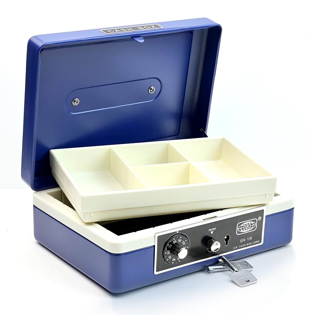 Imported Metal Cash Box With Dual Combination & Password Lock Medium Size Money Box For Cash, Jewellery Safe Locker With Removable Plastic Coin Tray, Colour - Blue, Material - Metal