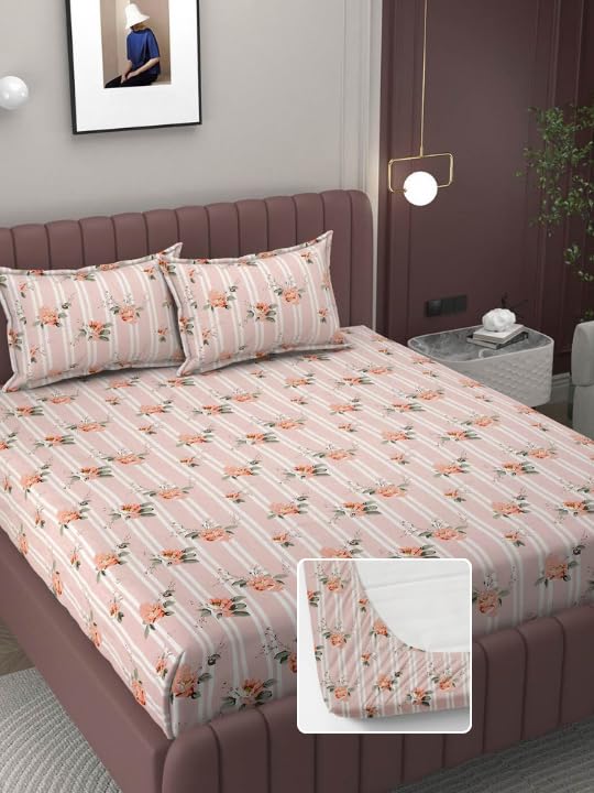 Elastic Fitted Bedsheet Queen Size With 2 Pillow Covers - 60 X 78 Inches, Pink | Lightweight, Soft & Comfortable | Durable & Long Lasting Wrinkle Resistant Fabric
