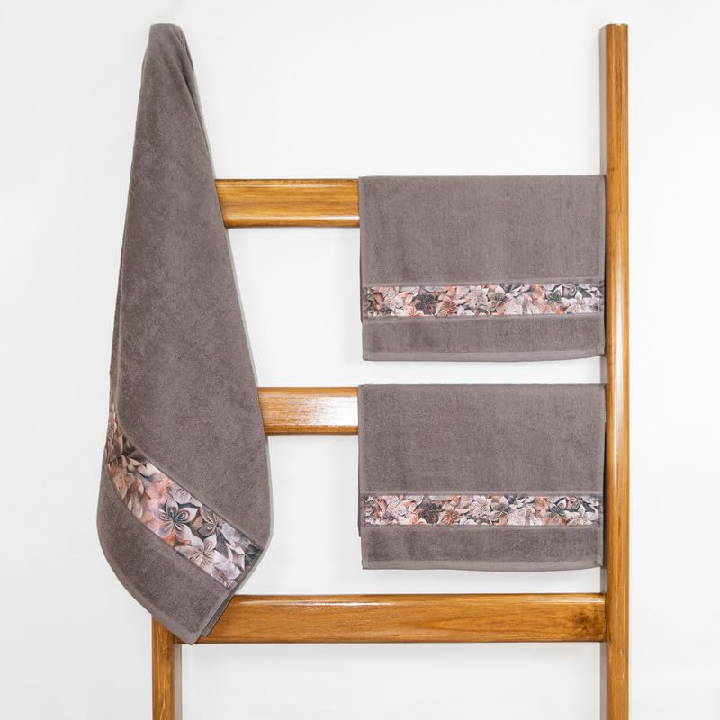 Rangoli 100% Cotton Fibre 1 Bath & 2 Hand Towels 900 Gsm | Highly Durable & Absorbent With Printed Border | Quick Drying Towels (Brown)