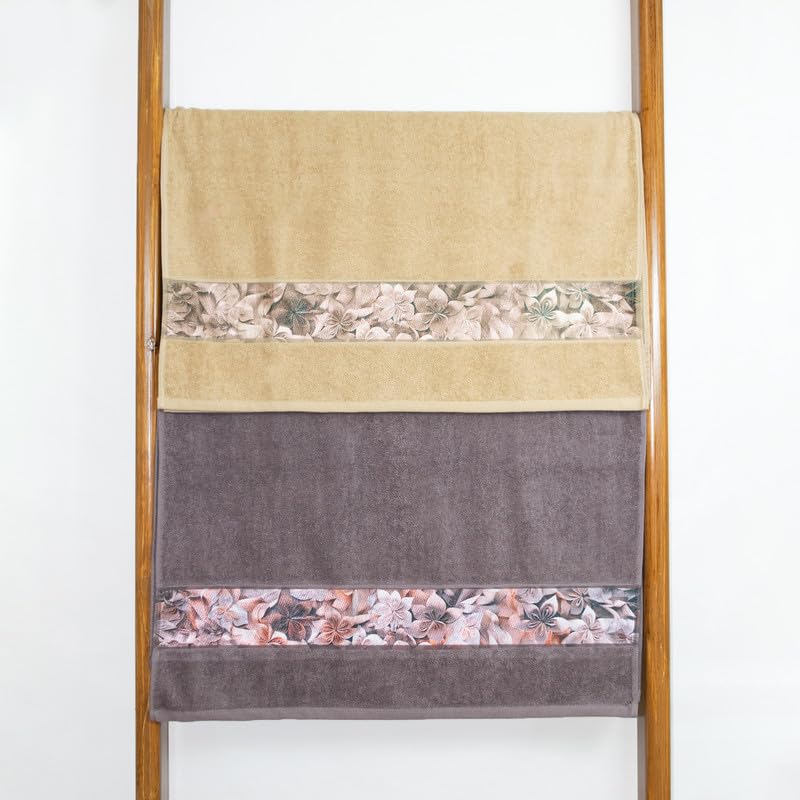 Rangoli 100% Cotton Fibre Bath Towels 1000 Gsm | Highly Durable & Absorbent With Printed Border | Quick Drying Towels (Beige & Brown) - Pack Of 2