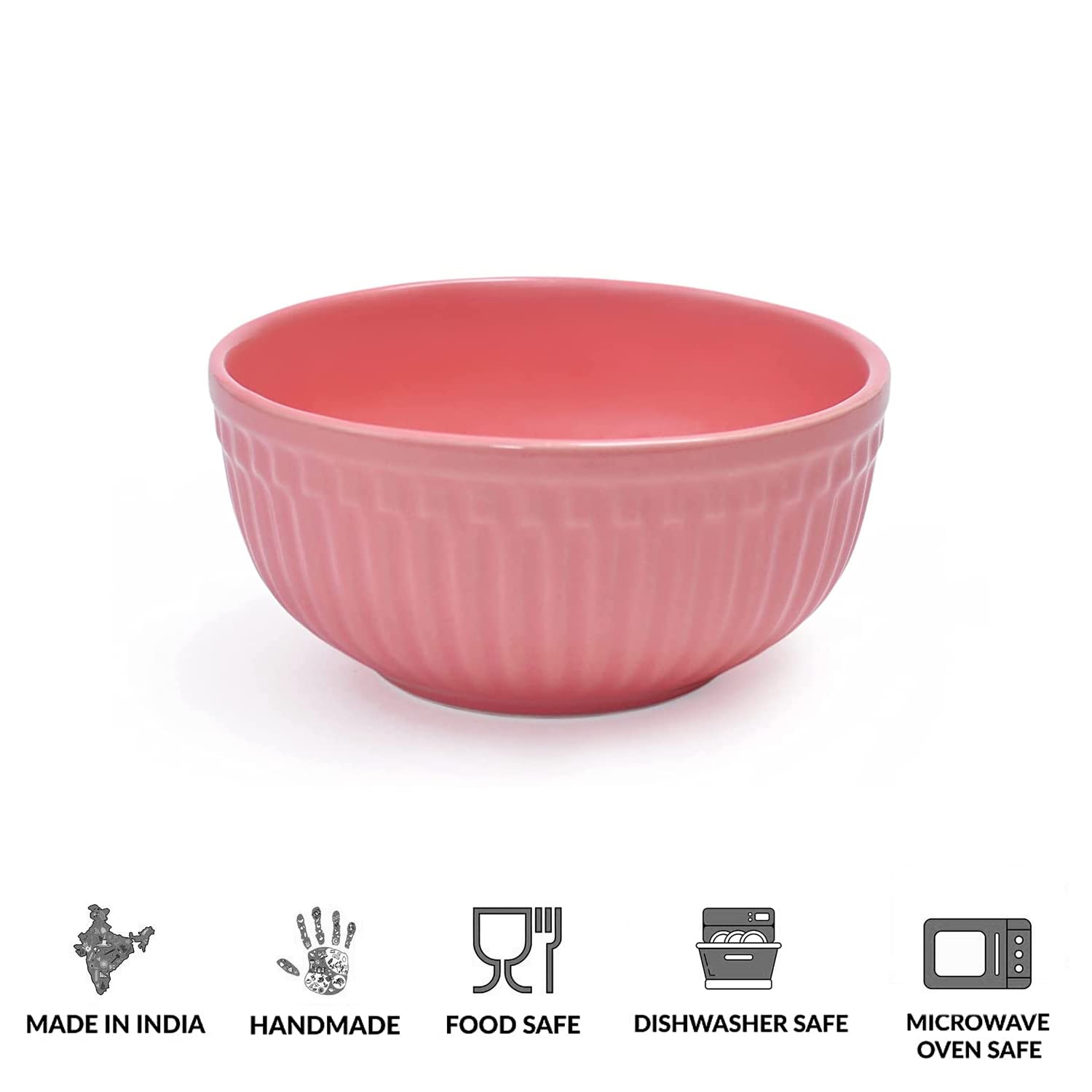 Ceramic “Strip” Handcrafted Multipurpose Serving Bowl Katoris Set Of 2 - 450ml Each, Pink | Cereal Bowl, Soup Bowl, Salad Bowl - Dishwasher & Microwave Safe