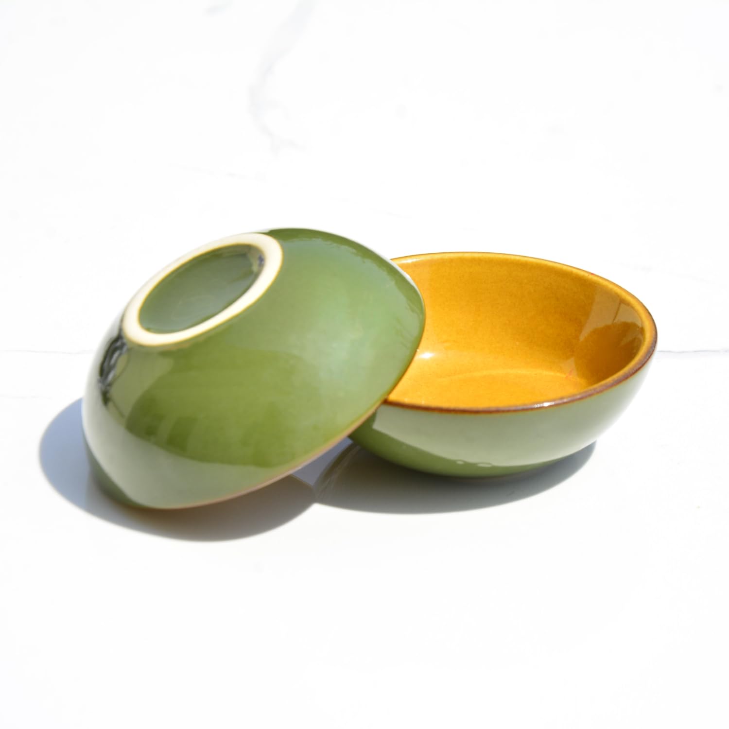 Studio Pottery Ceramic Chrome Green Round Shape Dip Bowls Set Of 2 - 50ml Each | Mini Bowls, Ketchup Bowls - Chutney, Sauce, Pickle Bowls