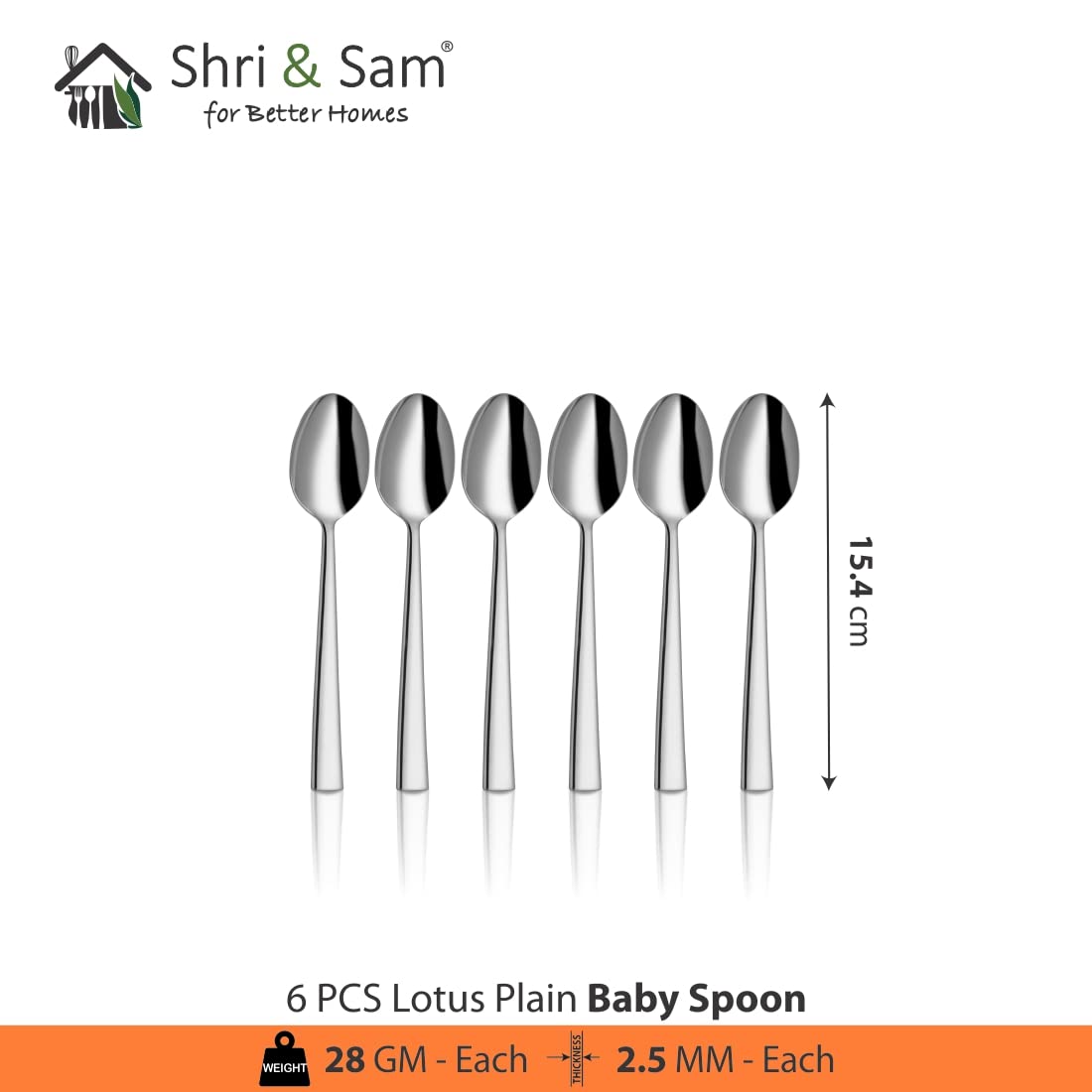 Stainless Steel Lotus Plain Baby Spoon Set Of 6 Pieces, Silver | Easy To Clean & Dishwasher Safe