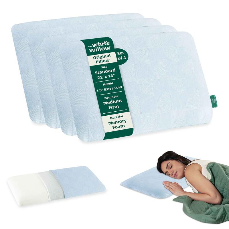 Ultra Thin Pillow For Sleeping, Orthopedic Cervical Neck Pillow - Standard Size - 1.5 Inch | Ultra Slim Memory Foam Pillow | Slim Pillow For Neck & Shoulder Pain Relief, Bed Pillow - Set Of 4