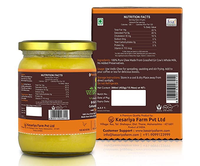 Premium A2 Gir Cow Cultured Desi Ghee From Kesariya Farm By Vedic Ghee | Bilona Two Way Churned Natural & Healthy Ghee Good For Body Health (500ml) | 16.9 Ounce | Jar Pack