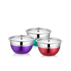 Stainless Steel Serving Bowl With Stainless Steel Lid Set Of 3 Pieces, Silver Multicolor | 650ml Each, Dishwasher Safe