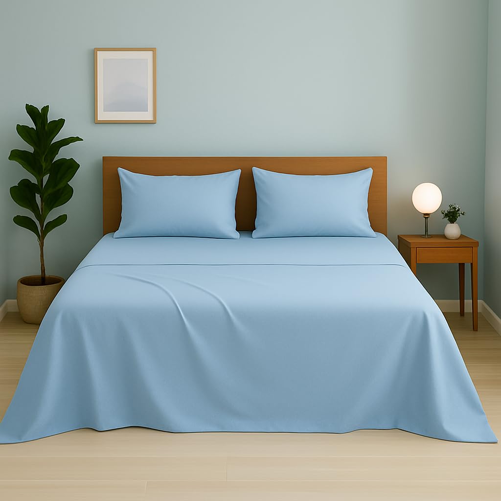 Plain King Size Bedsheet With 2 Pillow Cover - 72 X 78 Inches, Light Blue | Hotel Luxury Bedding Wrinkle Free | Ultra Durable & Easy Care