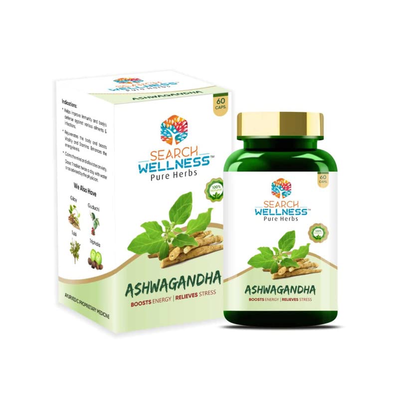 Search Wellness Ashwagandha For Stress Relief Anti - Inflammation Ayurvedic Medicines Enhances Energy Levels, Immunity Booster For Adults | 60 Capsules 100gm 0.2lbs Each Pack Of 3