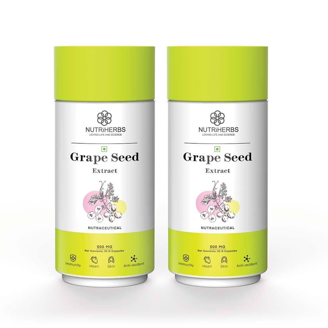 Nutriherbs Organic Grape Seed Extract Capsules 500mg, Potent Antioxidant Supplement For Skin & Hair Health, Anti - Aging Support & Immune Boost | 90 Vegan Capsules 150gm 0.3lbs Each Pack Of 2