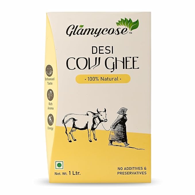 Natural Premium Desi Cow Ghee By Glamycose | High In Protein Fiber Healthy Desi Ghee For Boost Immunity | (1 Litr) 33.8 Ounce | Box Pack