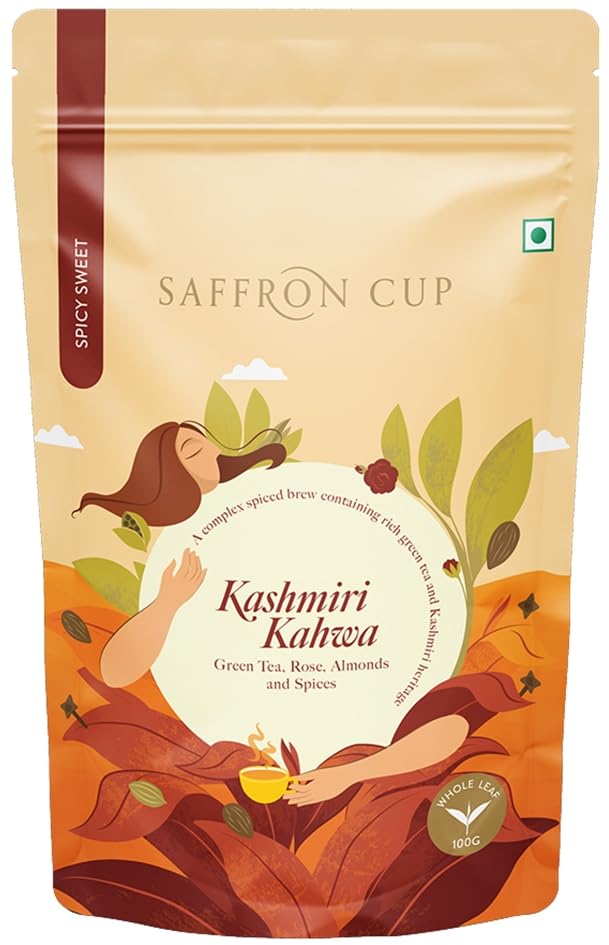 Saffron Cup Kashmiri Kahwa Green Tea - 100gm, 3.5 Ounce | Infused Green Tea With Cardamom, Rose Petals, Cinnamon & Almonds - 100% Natural, Rich In Antioxidants | Low Caffeine, Airtight Zip Lock Pouch